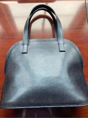 Vintage Navy Leather Mini Top Handle Bag Textured Dome Purse Bamboo Zip Pull